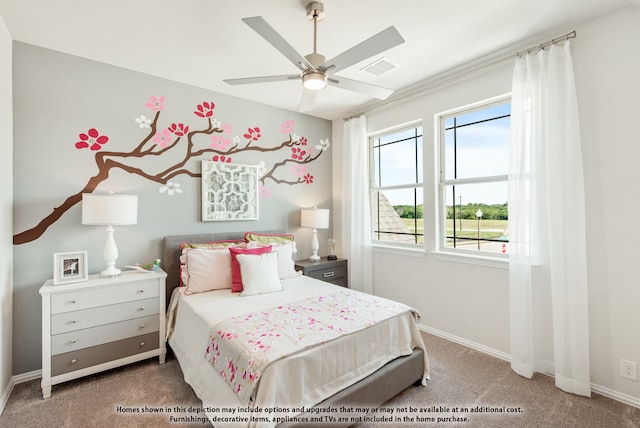 bedroom with carpet flooring and ceiling fan