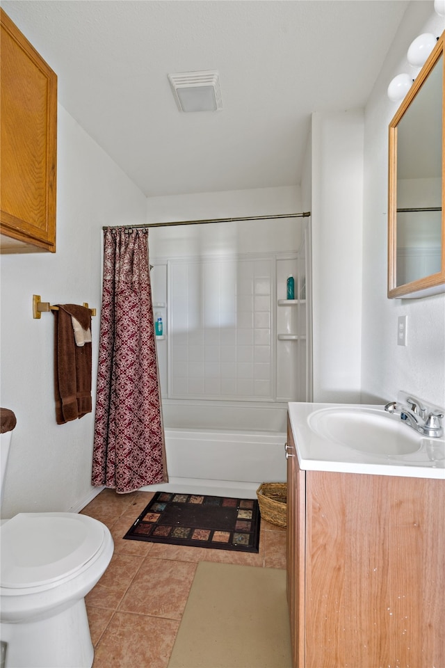 full bathroom featuring toilet, vanity, shower / bathtub combination with curtain, and tile patterned floors