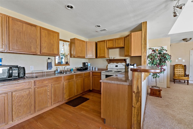 kitchen with light hardwood / wood-style floors, a textured ceiling, sink, and electric range