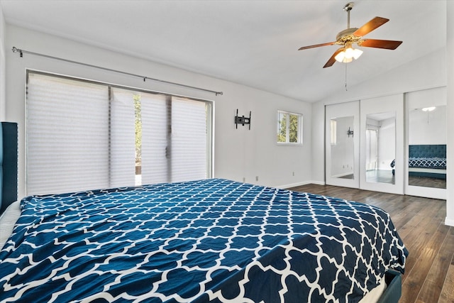 bedroom with ceiling fan, dark hardwood / wood-style floors, and lofted ceiling