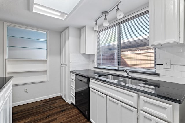 kitchen with dishwasher, white cabinets, sink, decorative backsplash, and dark hardwood / wood-style flooring