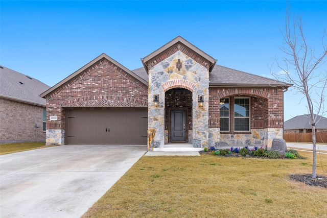 view of front of property with a garage and a front lawn