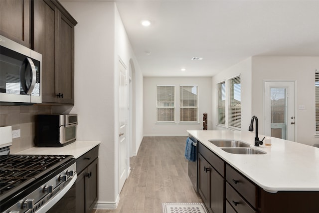 kitchen featuring tasteful backsplash, appliances with stainless steel finishes, a kitchen island with sink, light wood-type flooring, and sink