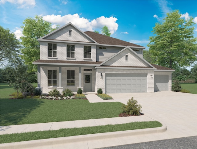 view of front of house featuring a porch, a front lawn, and a garage