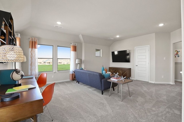 living room featuring light carpet and lofted ceiling