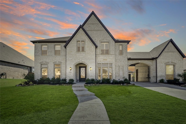 french country home featuring a yard