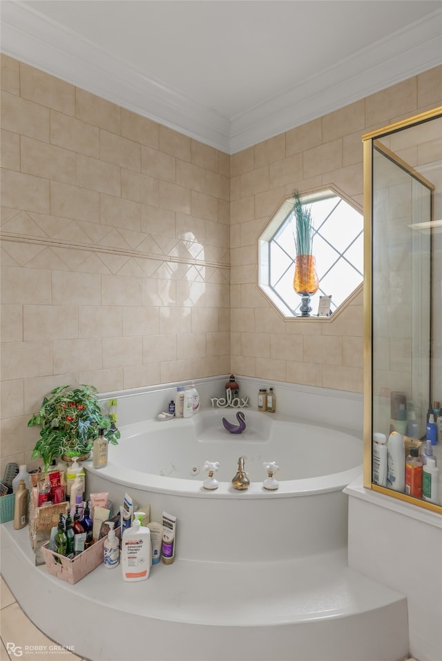 bathroom featuring separate shower and tub and crown molding