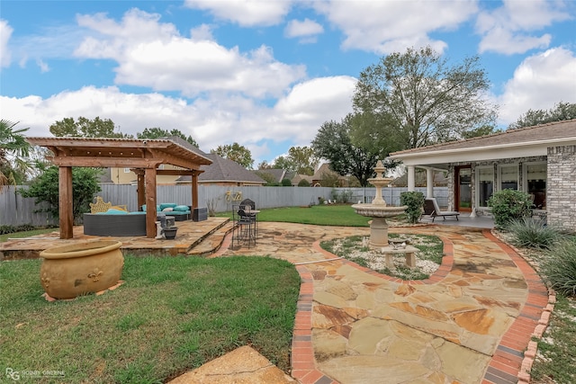 view of yard with a patio, outdoor lounge area, and a pergola