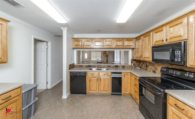 kitchen featuring decorative backsplash, light tile patterned floors, ornamental molding, black appliances, and sink