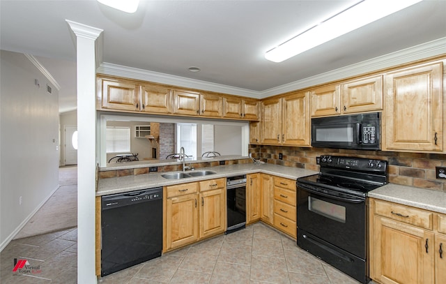 kitchen with light carpet, backsplash, ornamental molding, black appliances, and sink