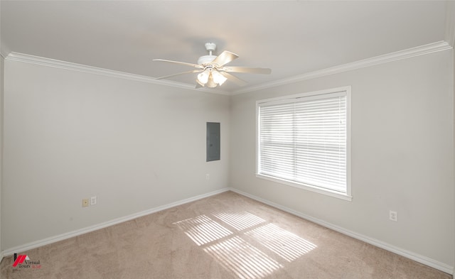 carpeted empty room with electric panel, crown molding, and ceiling fan