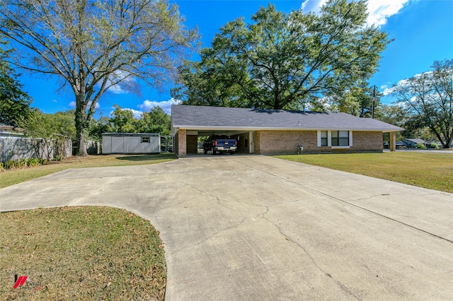 ranch-style home featuring brick siding, an attached carport, driveway, and a front yard