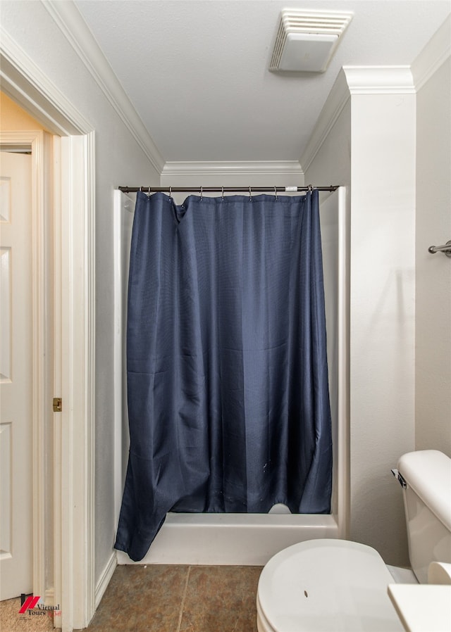 bathroom featuring toilet, ornamental molding, shower / bath combination with curtain, and tile patterned flooring