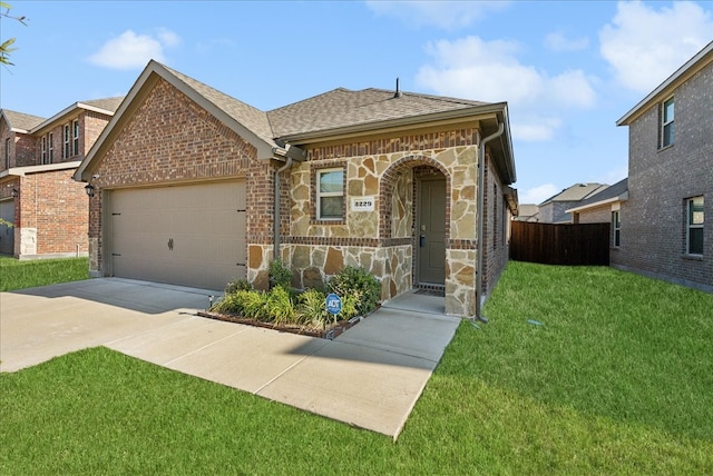 view of front of home featuring a front yard and a garage