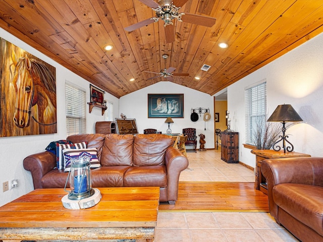 tiled dining space featuring ceiling fan, lofted ceiling, and wood ceiling