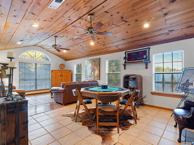 living room featuring wood ceiling, ceiling fan, light hardwood / wood-style floors, and vaulted ceiling