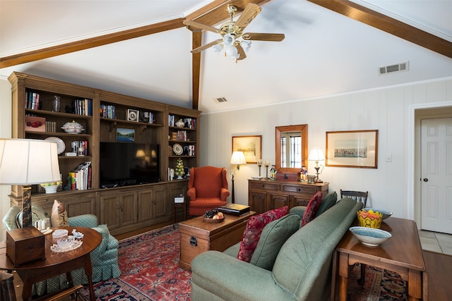 living room with beam ceiling, high vaulted ceiling, hardwood / wood-style flooring, and ceiling fan