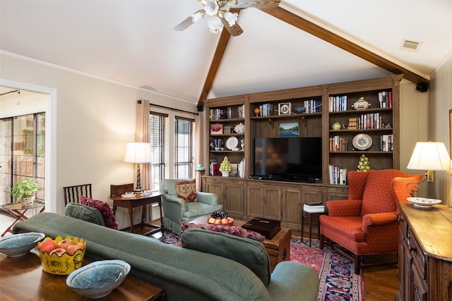 living room with vaulted ceiling with beams, ornamental molding, wood-type flooring, and ceiling fan