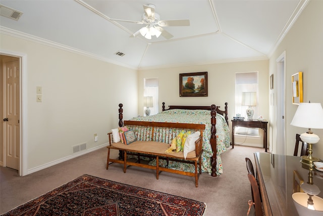 carpeted bedroom with ceiling fan, ornamental molding, and lofted ceiling