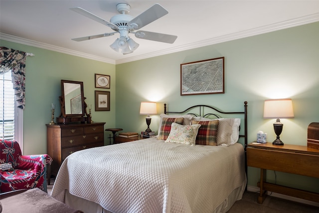 carpeted bedroom with crown molding and ceiling fan