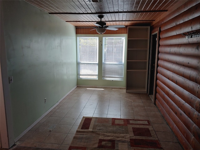 tiled spare room with wood ceiling, rustic walls, and ceiling fan