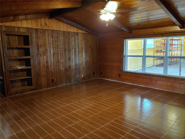 interior space featuring ceiling fan, wooden ceiling, and wood walls