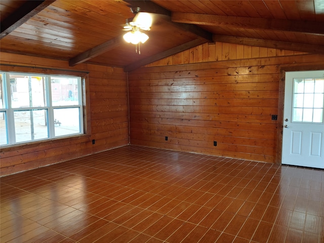 spare room with lofted ceiling with beams, ceiling fan, wooden ceiling, and wood walls