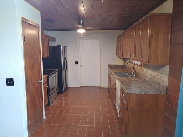 kitchen with wood ceiling, tasteful backsplash, electric range, white dishwasher, and sink