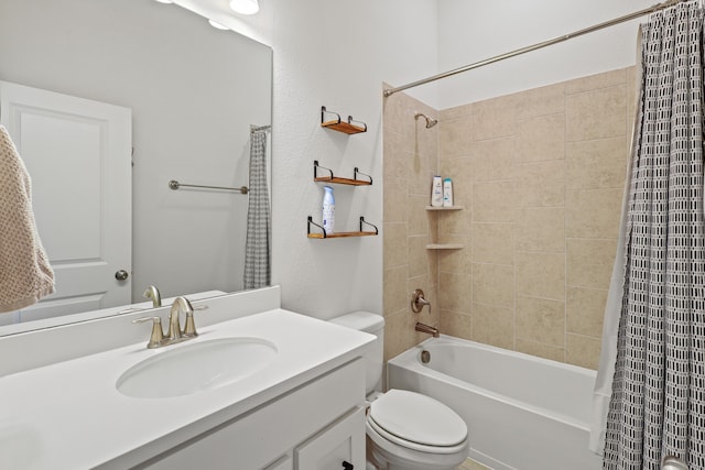 full bathroom featuring vanity, toilet, and shower / bathtub combination with curtain