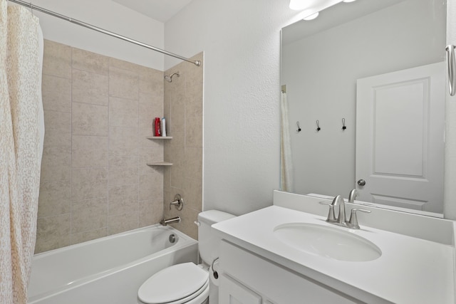 full bathroom featuring vanity, shower / tub combo, and toilet