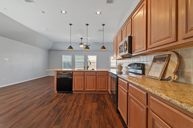 kitchen featuring dark hardwood / wood-style floors, backsplash, sink, black appliances, and decorative light fixtures