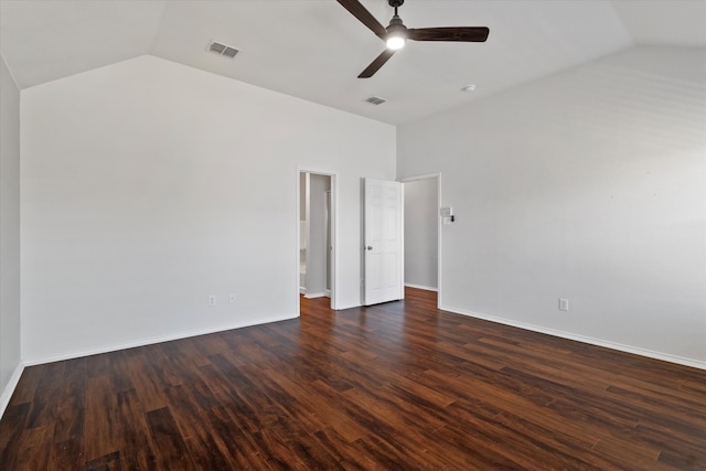 unfurnished room with lofted ceiling, ceiling fan, and dark hardwood / wood-style flooring