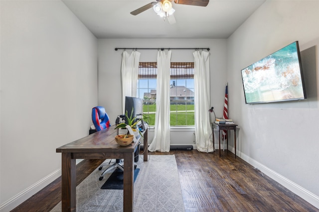 office with ceiling fan and dark hardwood / wood-style floors