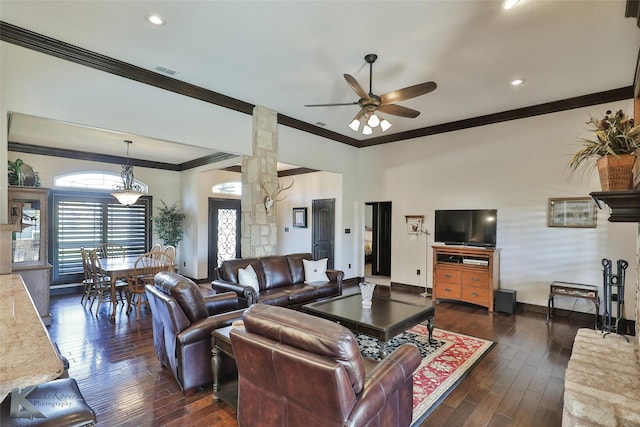 133 Prairie Creek Way, Abilene, TX 79602 - living area featuring ceiling fan, crown molding, dark wood-type flooring, recessed lighting, and baseboards