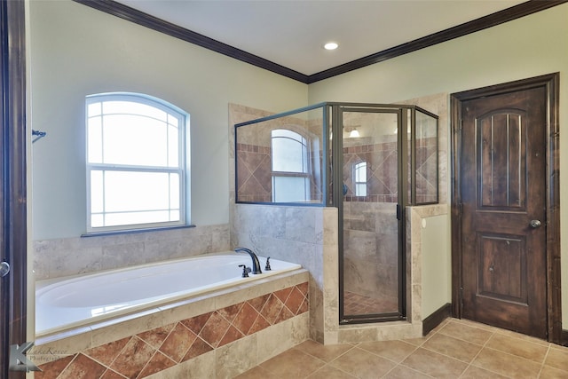 133 Prairie Creek Way, Abilene, TX 79602 - bathroom with a bath, tile patterned floors, ornamental molding, and a stall shower