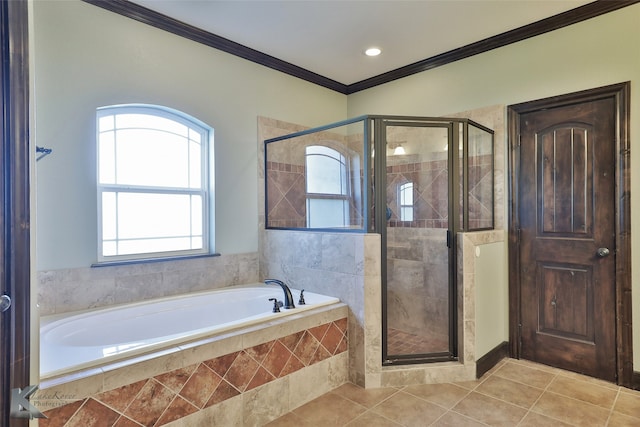 bathroom featuring tile patterned floors, crown molding, and plus walk in shower