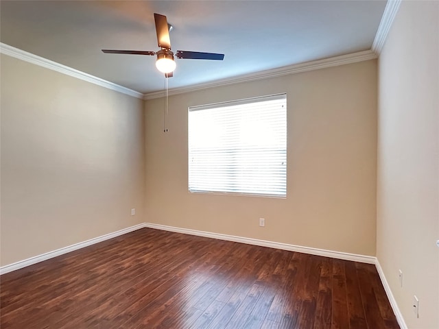 unfurnished room with ornamental molding, dark wood-type flooring, and ceiling fan