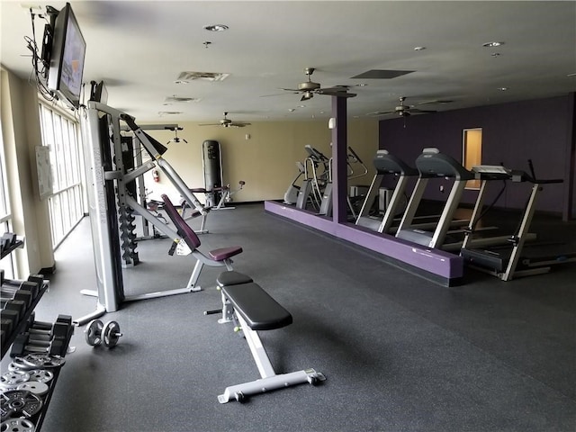 workout area featuring ceiling fan