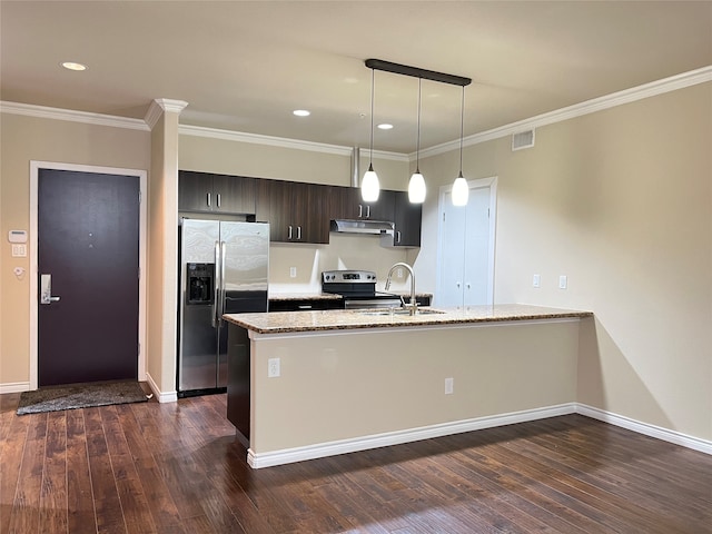 kitchen with appliances with stainless steel finishes, light stone counters, sink, and dark hardwood / wood-style flooring