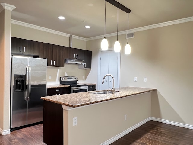 kitchen featuring light stone countertops, dark wood-type flooring, sink, dark brown cabinetry, and stainless steel appliances