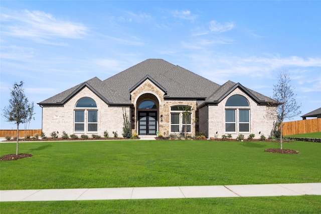 french country home featuring a front lawn and french doors