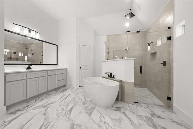 bathroom featuring vanity, plus walk in shower, and vaulted ceiling