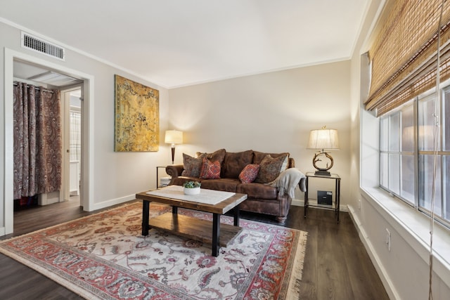 living room with crown molding, dark hardwood / wood-style flooring, and a healthy amount of sunlight