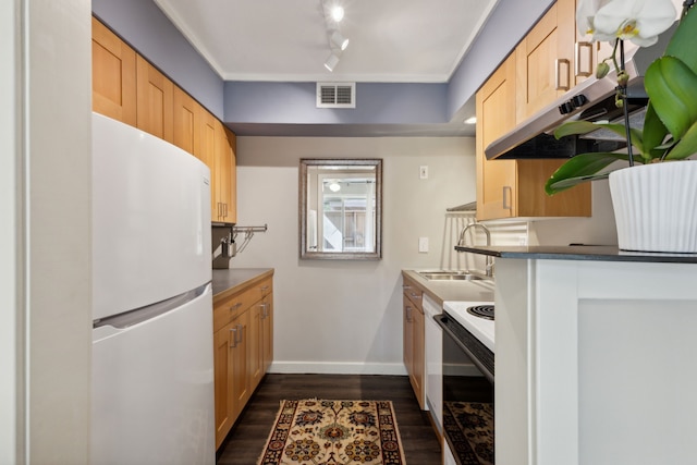 kitchen with light brown cabinets, sink, dark hardwood / wood-style floors, black / electric stove, and white fridge