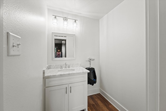 bathroom with vanity and wood-type flooring