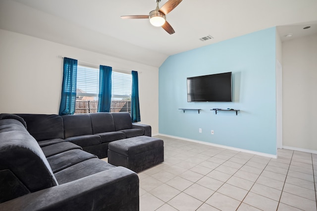 tiled living room with vaulted ceiling and ceiling fan