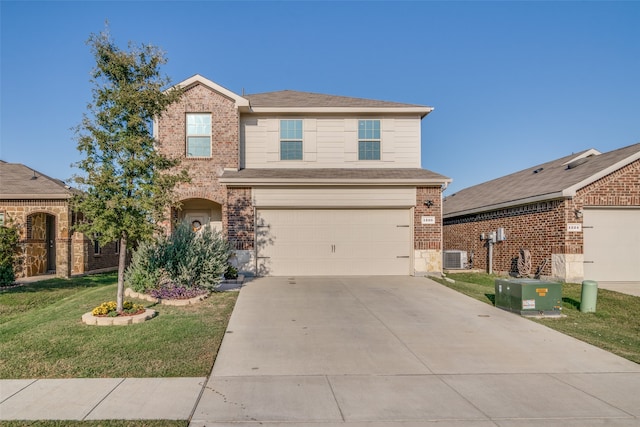 front of property featuring central AC unit, a garage, and a front yard