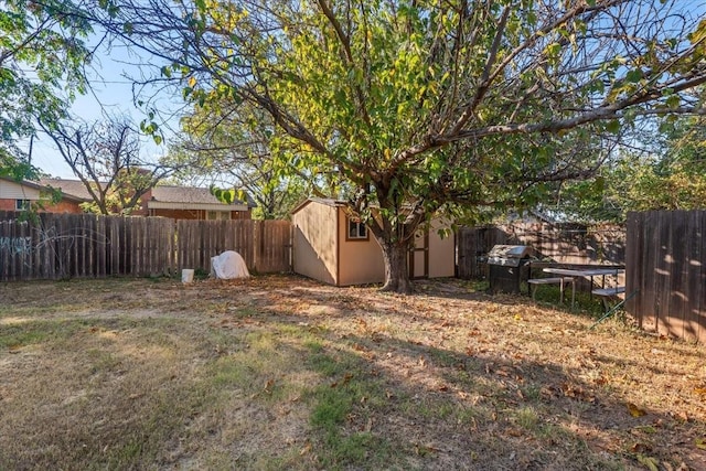 view of yard with a fenced backyard, a storage unit, and an outdoor structure