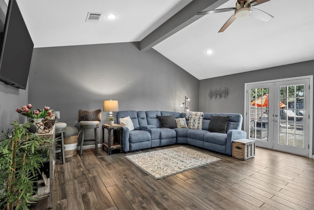 living room with dark wood-type flooring, vaulted ceiling with beams, french doors, and ceiling fan