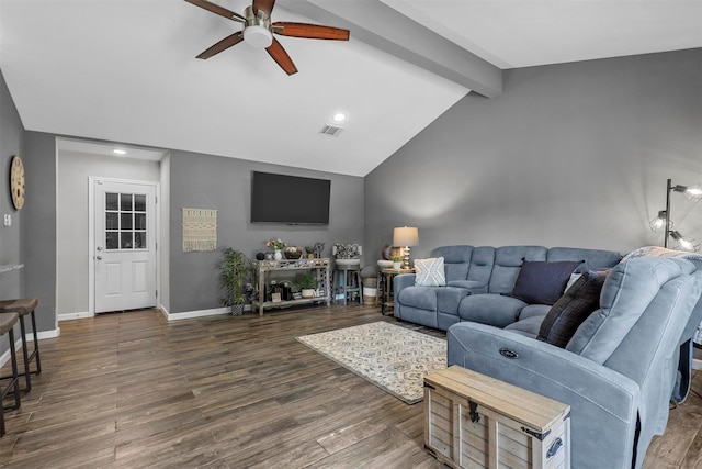 living room with vaulted ceiling with beams, ceiling fan, and dark hardwood / wood-style flooring